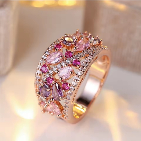 Jewelry - Purple Pink Zircon Wide Vintage Rose Gold Tone Ring